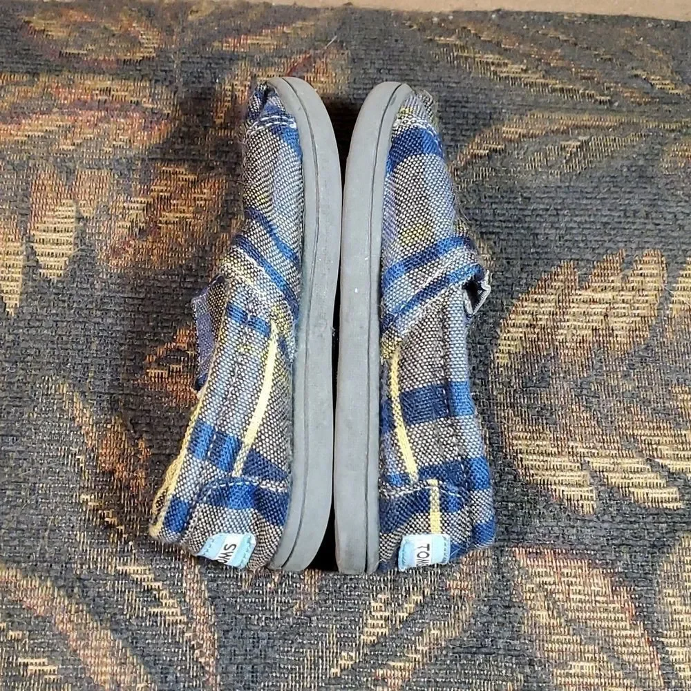 TOMS Grey, Blue and Yellow Plaid Velcro Infant Shoes Size T 7